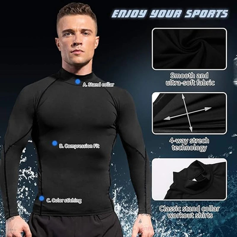 Camiseta Masculina de Compressão com Gola Alta – Manga Longa, Secagem Rápida, Performance Fitness e Estilo para Treinos e Uso Casual