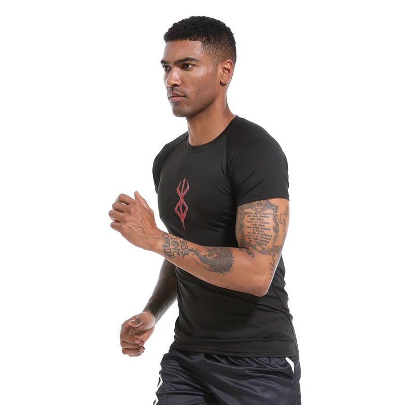 Camiseta Masculina de Compressão Estampada – Manga Curta, Secagem Rápida, Performance Atlética e Proteção Rash Guard para Treinos