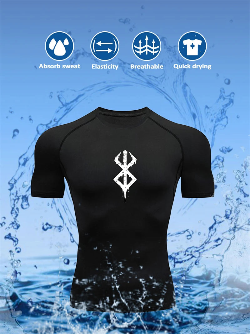 Camiseta Masculina de Compressão Estampada – Manga Curta, Secagem Rápida, Performance Atlética e Proteção Rash Guard para Treinos